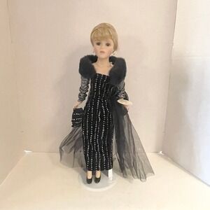 Brass Key Porcelain Doll Camellia Garden Black Dress Fur Trim Swarovski Jewelry